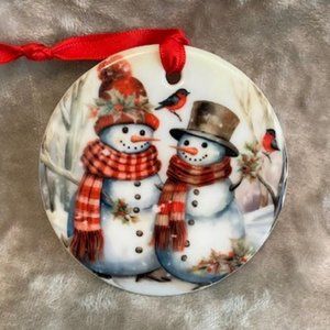 Ceramic Christmas Ornament - Snowman and Robin